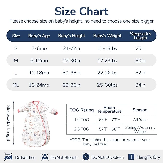 Baby Sleep Sack 6-12 Months, Cotton Detachable Long Sleeve Sleep Sack, 1.0 Tog Toddler Sleeping Sack with Temperature Strips, 2-Way Zipper Wearable Blankets for Newborns, Bunny