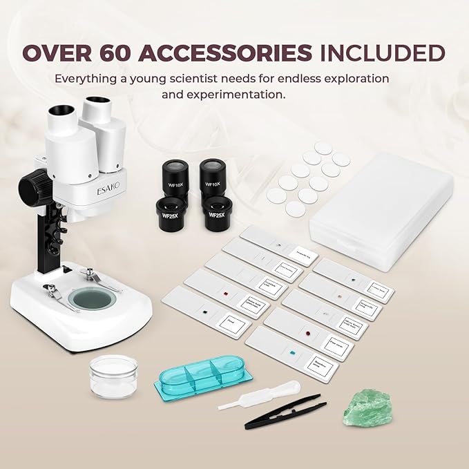 ESAKO Dual LED Kids Microscope - 52+ Piece Science Kit with Mineral & Insect Specimens, 10 Prepared Slides & 10 DIY Blank Slides, Microscope kit for Kids 8-12