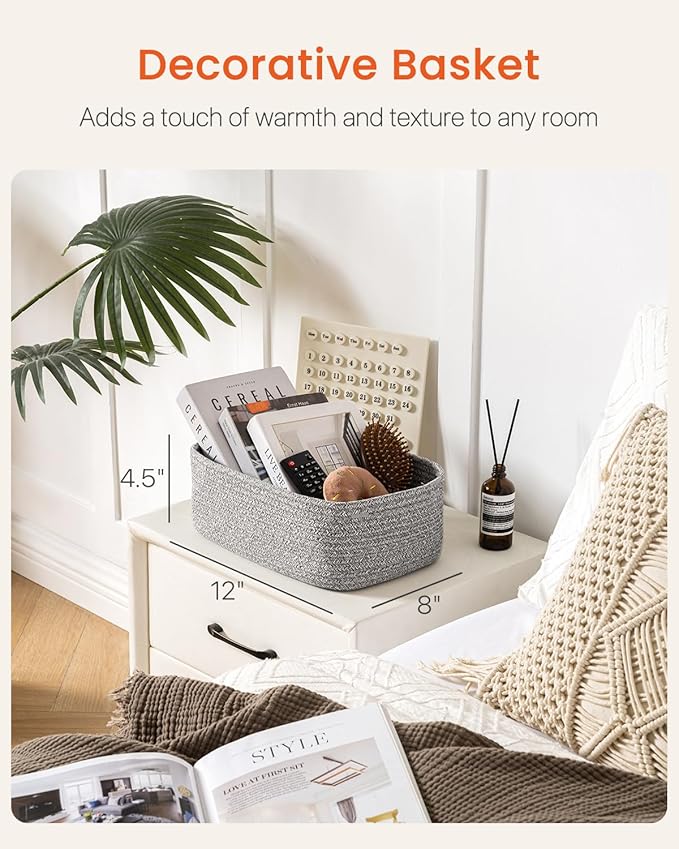 KALLAX Small Woven Basket, 12 x 8 x 4.5 Inches, Storage Basket for Organizing, Cute Small Rope Shelf Closet Cube Storage Bins Baskets for Shelves, Dog Toy Gift Baskets Empty, 3 Packs, Mixed Grey