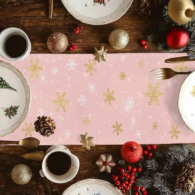 Pink Christmas Snowman Table Runners 60 Inches Long, Cotton Linen Fabric - Image 6