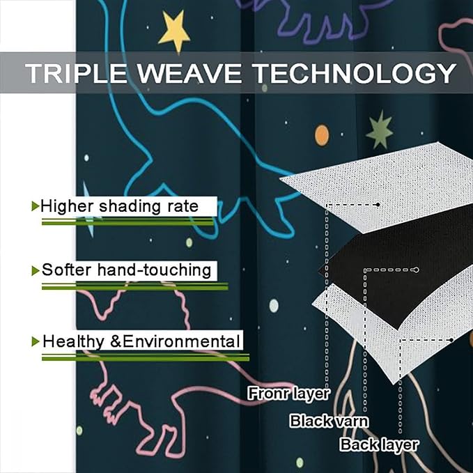 Cartoon Colorful Dinosaur Curtains for Kids Boys Girls Home Decor, Astronaut Funny Outer Space Star Blackout Rod Pocket Window Drapes for Bedroom Living Room W21xL63in 2 Panels