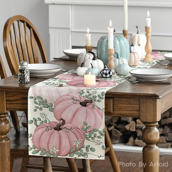Artoid Mode 210 GSM Fall Table Runner 13x72 Inch Home Party Decor | Pink - Image 3