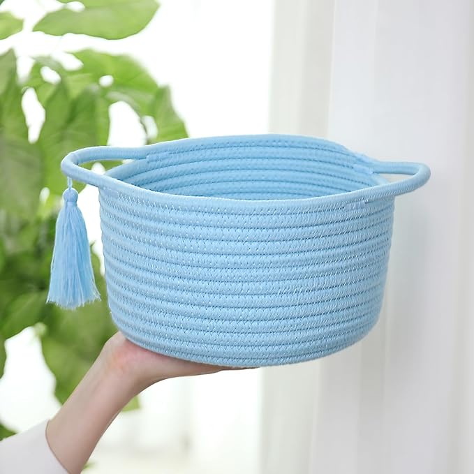 Empty Gift Basket Mini Woven Rope Organizer Baskets for Baby Shower, Vanity, Makeup Brushes, Bathroom, Shelves, Desk - Small Decorative Storage Bins - Set of 2, Pre-Shaped, Soft Blue