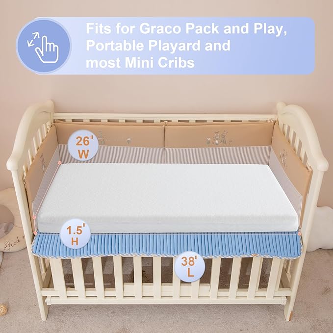 NeoBorn Pack and Play Mattress, 38 x 26 Pack N Play Mattress for Babies and Toddlers, Dual Sided Comfort Gel Memory Foam Mattress with Removable Breathable Soft Tencel Cover