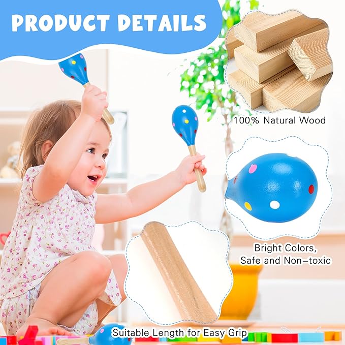 2 Pcs Maracas, Hand Percussion Rattles for Kids, Wooden Rumba Shaker Hand Musical Instruments with Clear Rhythm for Kids Adults Playing (Blue)