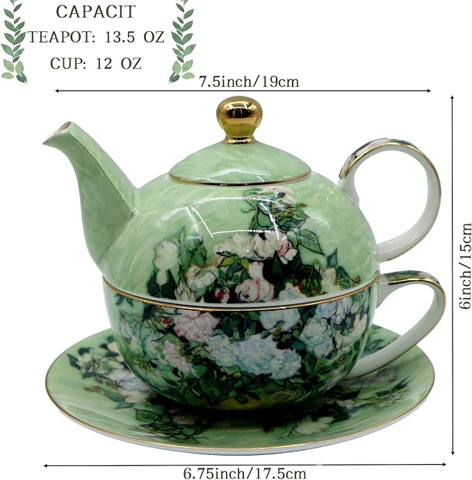 Porcelain 13 OZ Tea for One Teapot and Cup Set Vintage Floral Ceramic Tea Set - Image 2