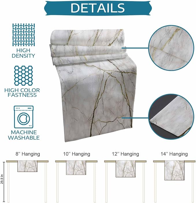 Marble Table Runner-Cotton Linen-Long 108 inche White Gray Gold Dresser Scarves - Image 7