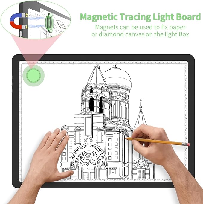 KOBAIBAN A3 Magnetic Light Box with Bag, Rechargeable Diamond Art Light Board with Side Physical Buttons, 3 Color Light Modes Super Bright Light Pad Light Table for Tracing, Drawing, Sketching (Black)