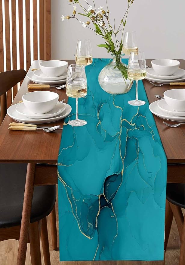 Teal Marble Table Runners 48 Inches Long, Turquoise Marble Crack Table Runner - Image 2
