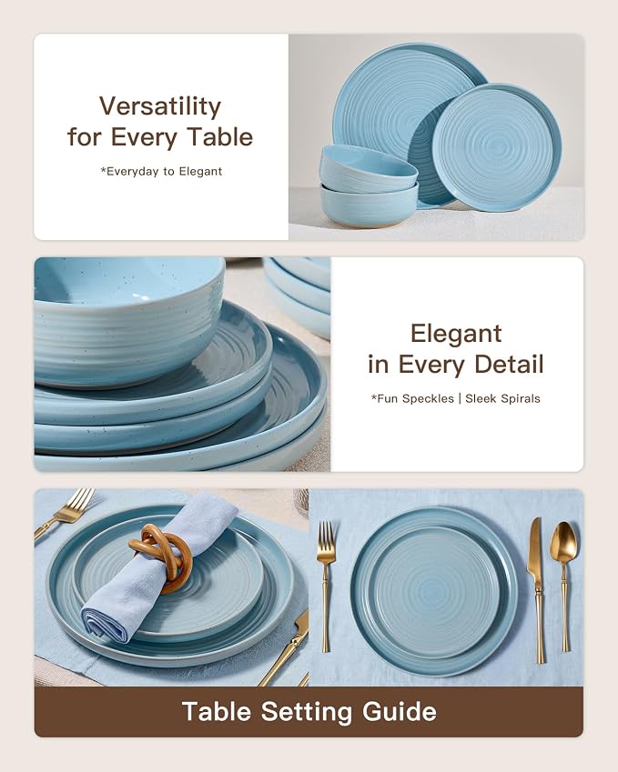 Dinnerware Sets for 6, Ceramic Plates and Bowls, Ice Blue | 18-Piece Ceramic - Image 3