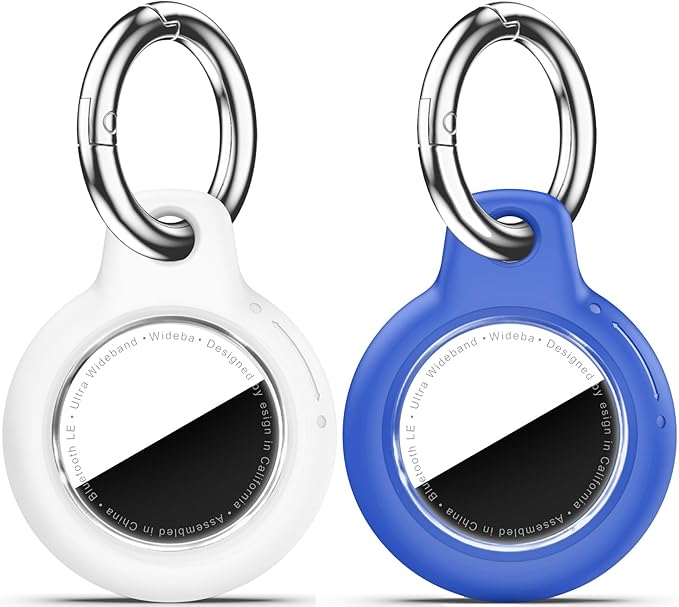 Upgrade Waterproof 2 Pack Airtags Holder with Apple Airtags Keychain, Hard PC Air Tag Case, Anti-Scratch & Shock Air tag Holder, Men's Women's Keyrings & Keychains-White+Blue