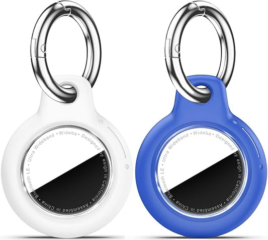 Upgrade Waterproof 2 Pack Airtags Holder with Apple Airtags Keychain, Hard PC Air Tag Case, Anti-Scratch & Shock Air tag Holder, Men's Women's Keyrings & Keychains-White+Blue