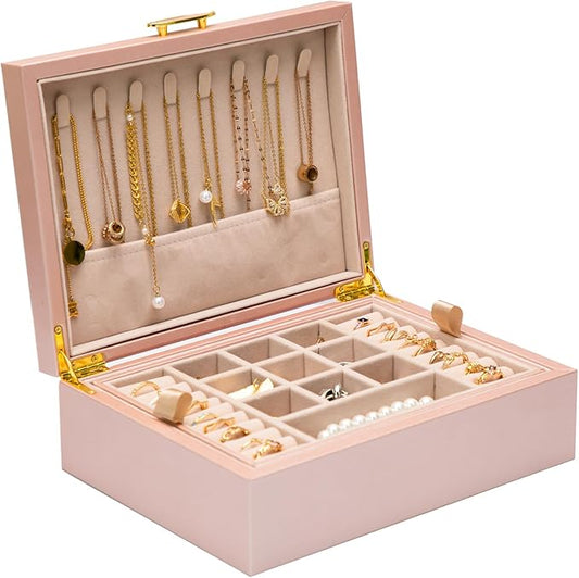 2-layer jewelry box，Jewelry Organizer with Handle，with hanging necklace hooks, detachable jewelry trays, suitable for storing a large amount of jewelry gift box (rose gold)