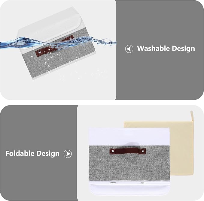 ANMINY Storage Boxes with Lids Washable Decorative Storage Bins Basket with PU Leather Handle Foldable Linen Fabric Storage Cubes Containers for Home Closet Organizer - Gray White, Small Size