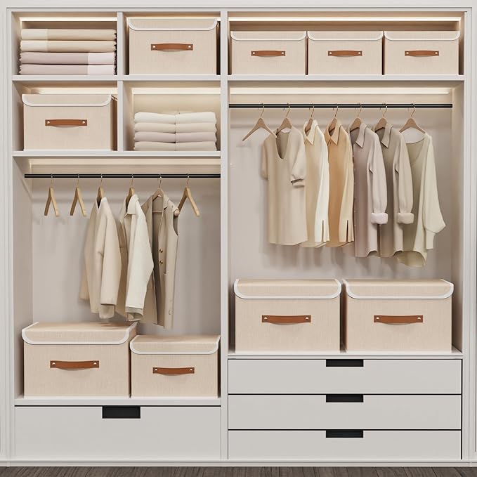 Yawinhe Collapsible Storage Boxes, Linen Fabric Baskets, Bin with lid and Leather Handle, Washable, for Home, Closet, Beige, 15.0''Lx9.8''Wx9.8''H, 5-Pack, USNK024BEL-5