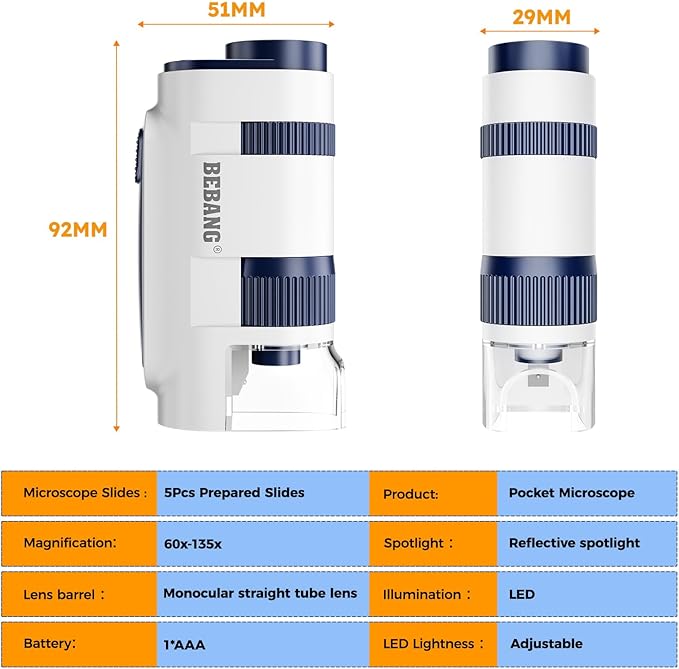 Handheld Portable Pocket Microscope for Kids - BEBANG 135x Mini Lab Kids Microscope with 5 Prepared Slides LED Portable Microbiological Observation Miniscope Tool for Science Exploration