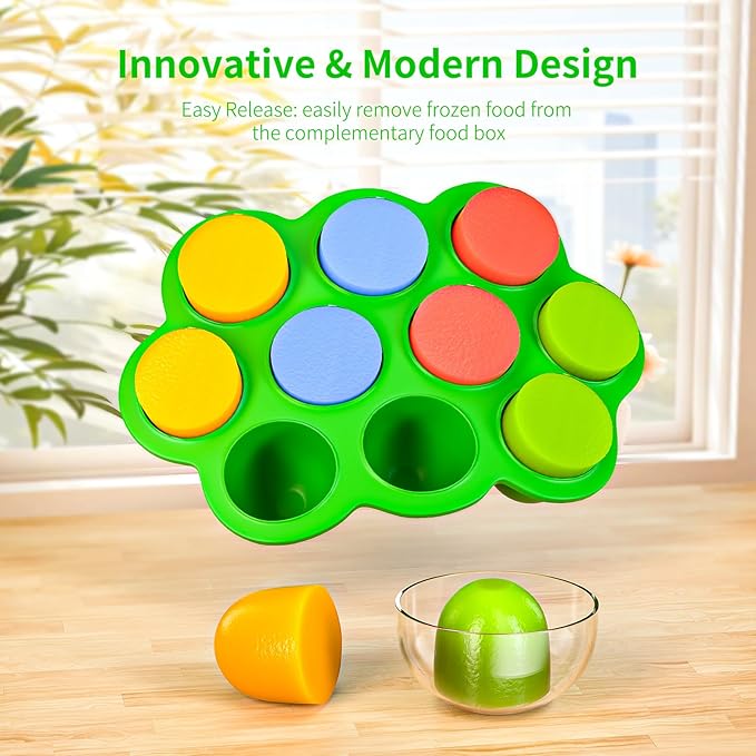 10 Cavities 2 OZ Portions Silicone Baby Food Freezer Tray with Lid,Ice Cube Trays & Molds,Baby Popsicle Mold,Egg Bite Molds,for Freezing and Baking Breast Milk,ice Cube,Egg Bites (Green)