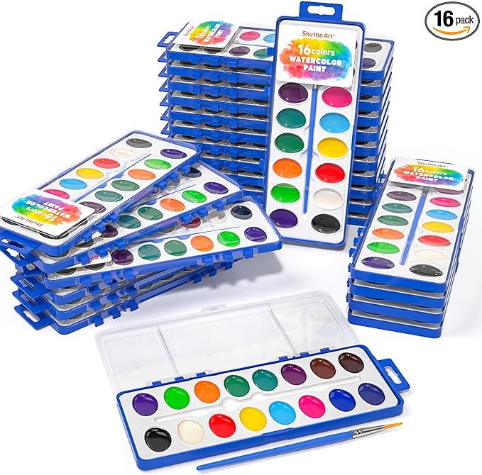 Shuttle Art 16 Colors Watercolor Paint Set Bulk, Pack of 24, Watercolor Paint Set with Paint Brushes for Kids and Adults, Washable Paint for Classroom, Parties, Kindergarten and Art Activities