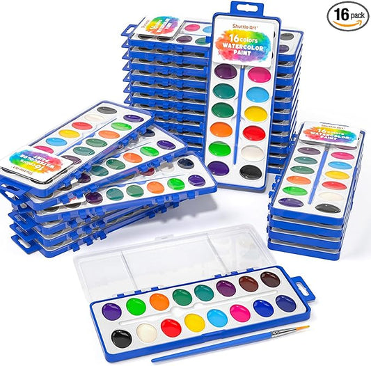 Shuttle Art 16 Colors Watercolor Paint Set Bulk, Pack of 24, Watercolor Paint Set with Paint Brushes for Kids and Adults, Washable Paint for Classroom, Parties, Kindergarten and Art Activities