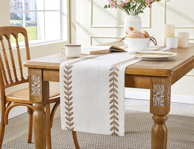 Linen Embroidered Table Runner, Taupe Table Runners 108 Inches Long | Linen - Image 8