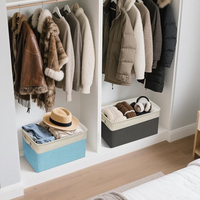 BALEINE 3 Pack Fabric Storage Bins for Shelves, Linen Storage Baskets for Organizing, Decorative Closet Bins for Clothes, Home (Brown, 15"x11"x9.5") ﻿