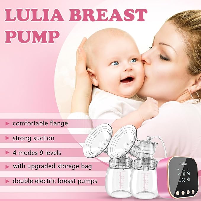 Double Electric Breast Pump Strong Suction, Portable Breast Pump Electric Breastfeeding Pump, Rechargeable Milk Pump with 4 Modes & 9 Levels, Low Noise, Anti-Backflow & LED Display, 24mm Flange, Pink