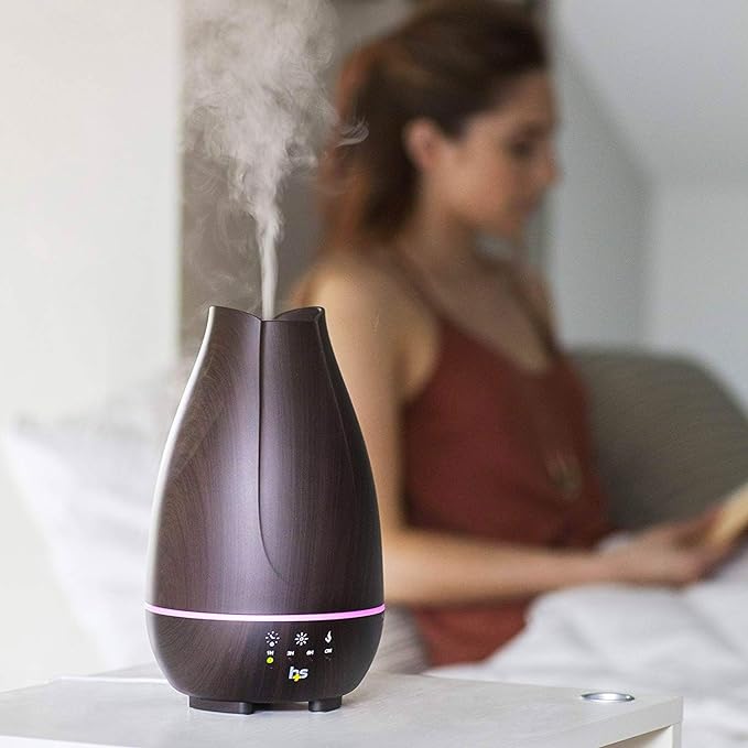 HealthSmart Essential Oil Diffuser, Cool Mist Humidifier and Aromatherapy Diffuser with 500ML Tank Ideal for Large Rooms, Adjustable Timer, Mist Mode and 7 LED Light Colors, Brown
