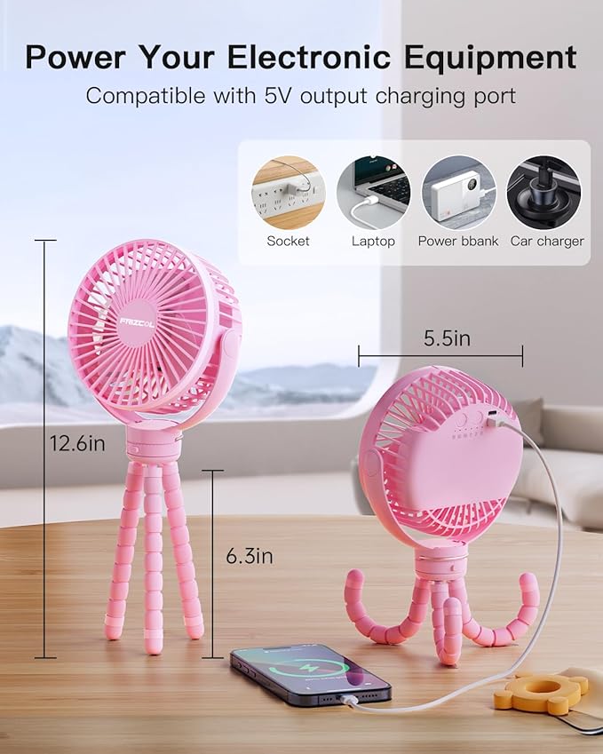 FRIZCOL 12000mAh Portable Stroller Fan, Use As Power Bank, 65H Battery Operated Fan Flexible Tripod Clip On Fans, Detachable Personal Handheld Baby Fans for Stroller, Car seat, Desk, Treadmill（Pink）