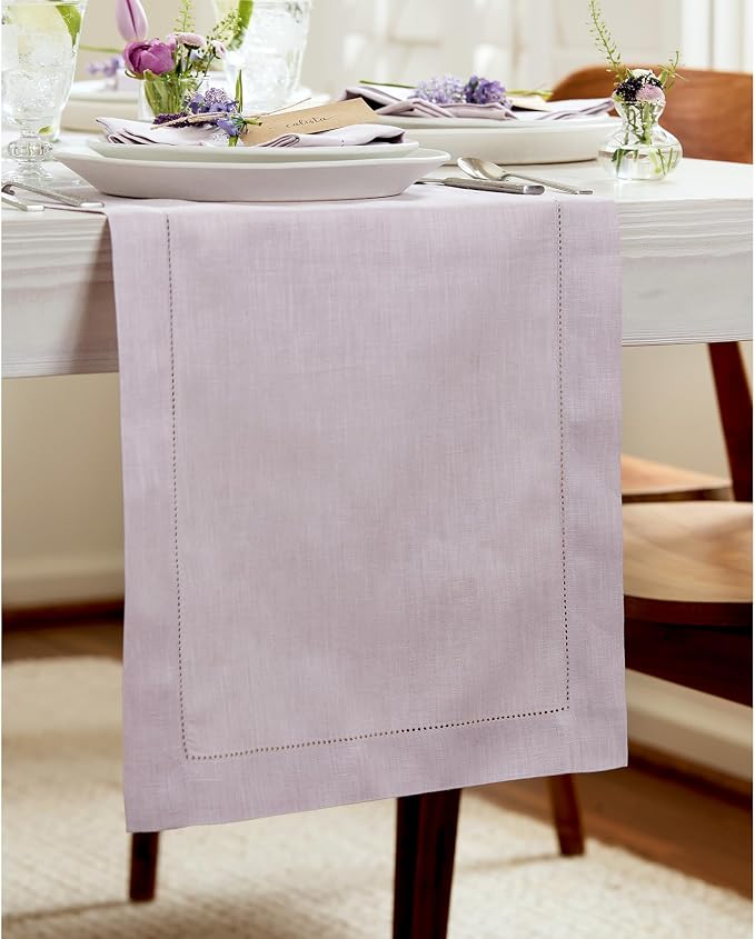 Solino Home 100% Pure Linen Dining Table Runner Lilac Hemstitch, 14 x 72 in | - Image 2