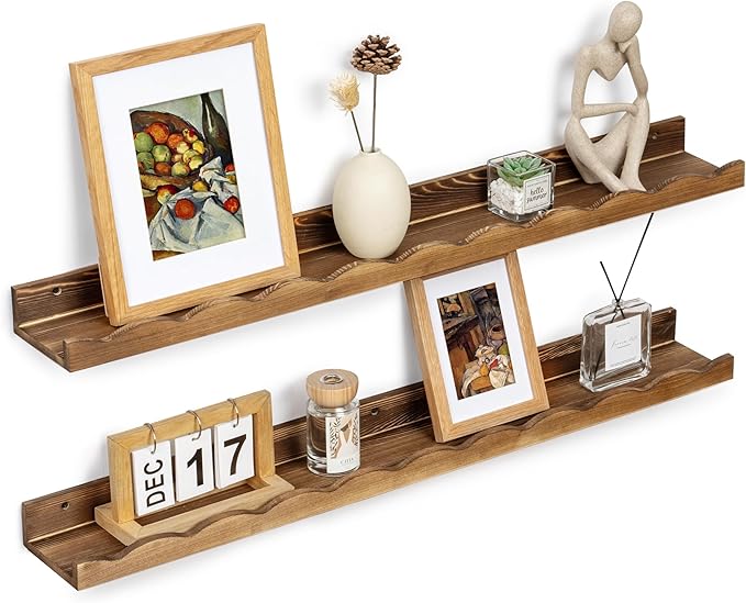 Fun Memories Picture Ledge Shelf for Wall, 36 inch Pine Wood Nursery Book Shelves Set of 2- Wall Book Shelves for Kids Room, Home Decor - Kitchen Spice-Carbonized