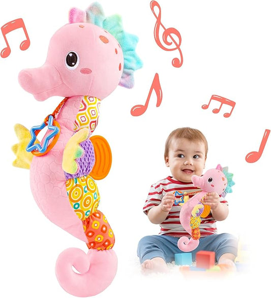 LIGHTDESIRE Baby Toys Musical Seahorse,Infant Stuffed Animal Toys with Crinkle and Rattles,Soft Sensory Toys with Textures for Tummy Time Newborn Boys Girls 0 3 6 12 Months(Pink)