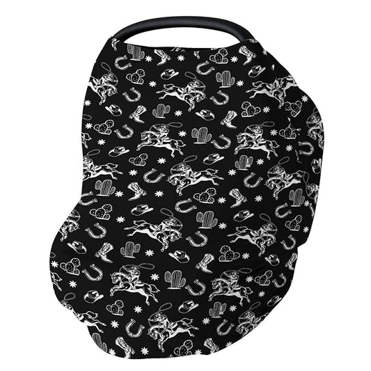 Country Western Car Seat Cover for Baby Cowboy Hat Boots Horse Cactus Stretchy 5-in-1 Covers Adjustable Car Canopy Breastfeeding Cover Wild West Desert Breathable Nursing Cover-Up