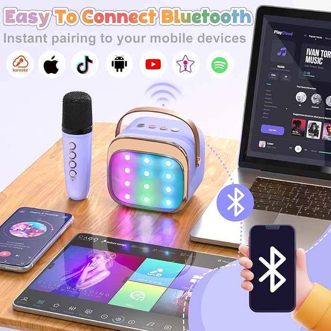 FLUESTON Mini Karaoke Machine for Kids Adults, Portable Bluetooth Speaker with 2 Wireless Microphones, Birthday Kids Gifts Toys for Girls Ages 3, 4, 5, 6, 7, 8, 9,10,11,12+ Years Old