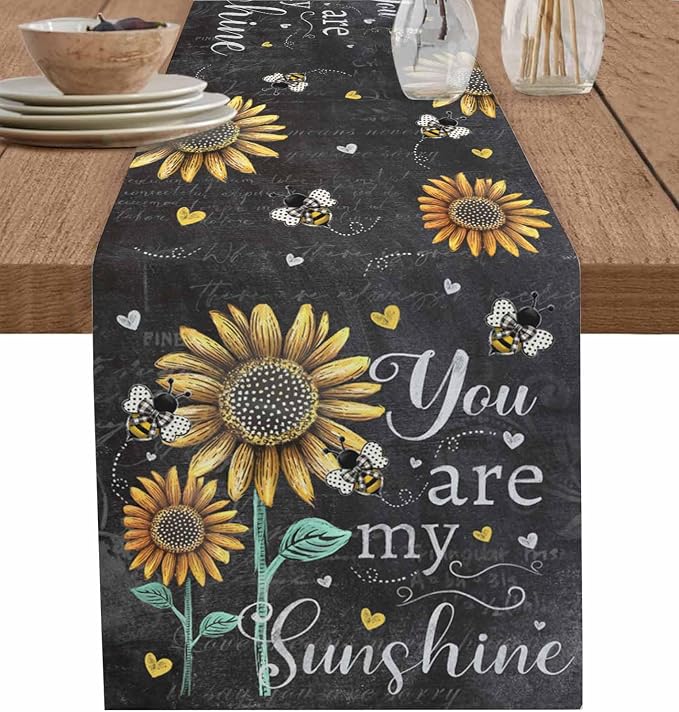 Farmhouse Sunflowers Short Table Runners 36 Inches, Cotton Linen Fabric Table by Edwiinsa