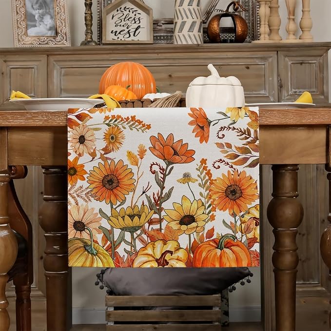 Fall Pumpkins and Sunflowers Table Runner 13x72 Inch, Maple Leaves Farmhouse - Image 2