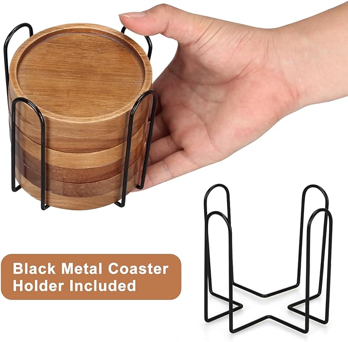 Acacia Wood Coasters Set of 8 Bar Accessories Table Decor Wooden Coaster | - Image 4