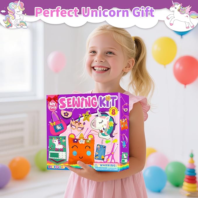 DUOROUBAO 8-in-1 Sewing Kit for Kids, Unicorn Kids Sewing Kits for Ages 5-10 Girls Beginner Easy to Do Craft Kits No Mess with Full Instructions My First Sewing Kit Birthday Christmas Gift for Girl