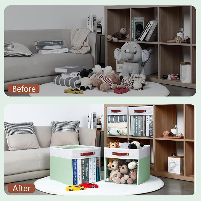 HNZIGE 13x15x13 Cube Storage Bins, 4 Pack Fabric Clear Organizer With Window, Large Collapsible Shelf Bins for Closet, Toy, Clothes - White Green