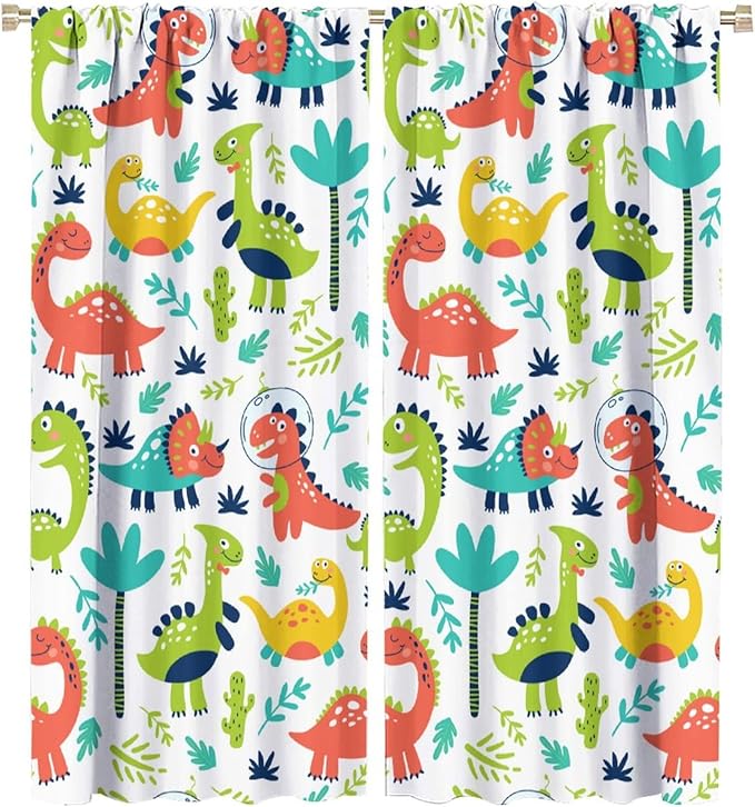 Rustic Dinosaurs Curtains Colorful Dino Kids Boys Cartoon Cute Cool Funny Decor Printed Blackout Rod Pocket Window Drapes for Living Room Bedroom W27.5xL63in 2 Panels