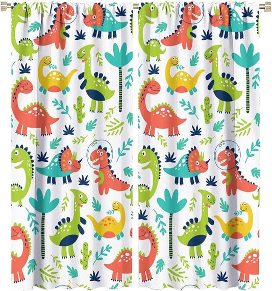 Rustic Dinosaurs Curtains Colorful Dino Kids Boys Cartoon Cute Cool Funny Decor Printed Blackout Rod Pocket Window Drapes for Living Room Bedroom W27.5xL63in 2 Panels