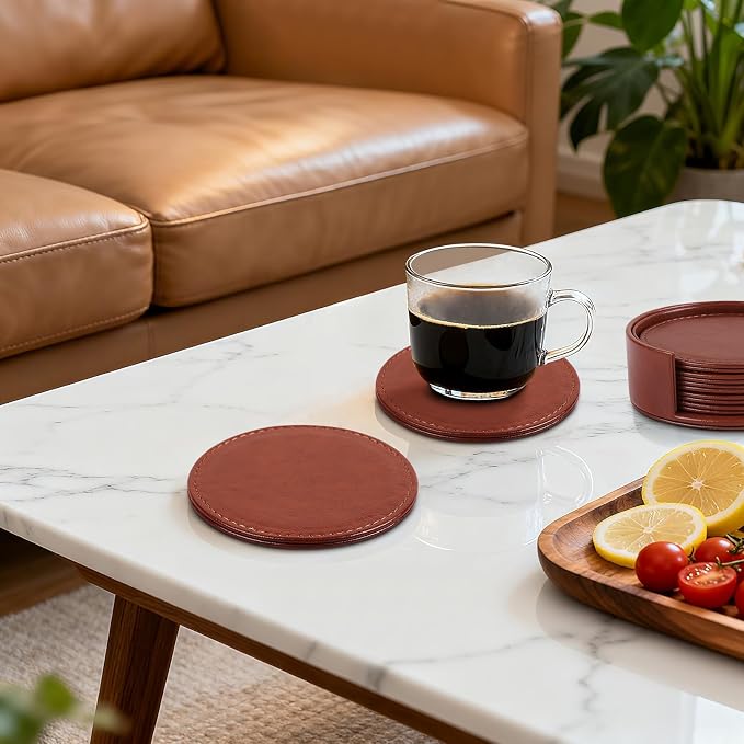 Leather Coasters Set of 6 with Holder, Tabletop Protection, Coffee Table & Bar - Image 8