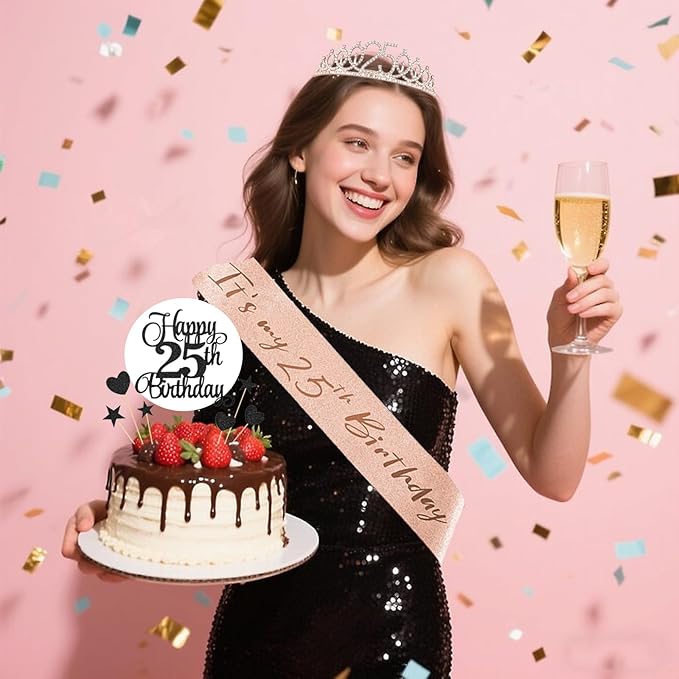 25th Birthday Decorations for Women - 56pcs Rose Gold Happy 25th Banner, Rhinestone Crown & Sash, Cake Topper, 40 Balloons, 3D Butterflies & 4 Balloon Stands (25)