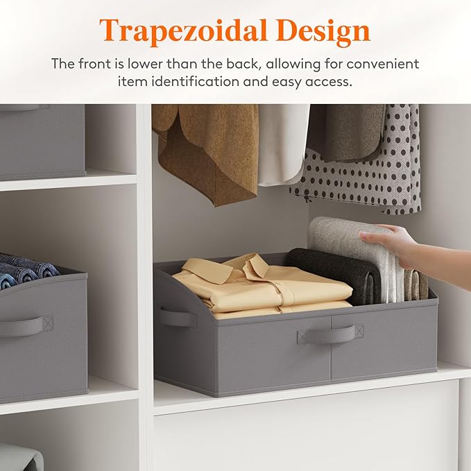 Lifewit Storage Baskets for Shelves, 6 Packs Non-woven Fabric Trapezoid Closet Organizer Bins with Handles, Foldable Clothing Containers Box for Clothes, Toy, Towel, Book, DVD, Hats, Large-Grey