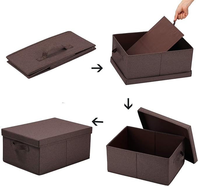 HOONEX Linen Foldable Storage Bins with Lids, 2 Pack, Storage Boxes with Carrying Handles and Sturdy Heavy Cardboard, 16.5" L x 11.8" W x 7.5" H for Shoes, Clothes, Brown
