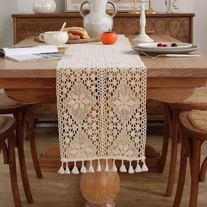 meioro Crochet Lace Table Runner, 12x90 Inch Boho Cotton Table Runners - Image 3