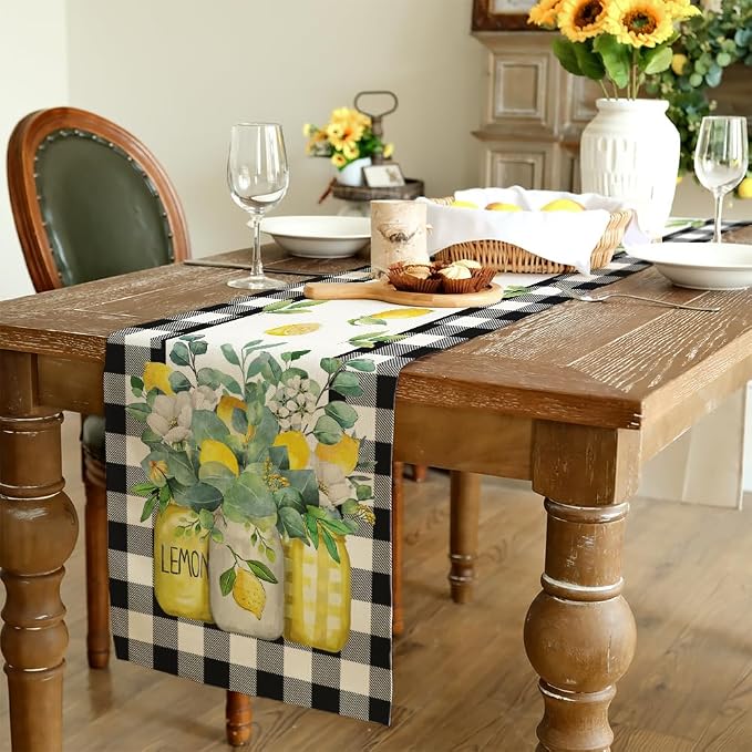 Black Buffalo Check Summer Table Runner 13 x 120 Inch, Lemon Vase Spring - Image 6