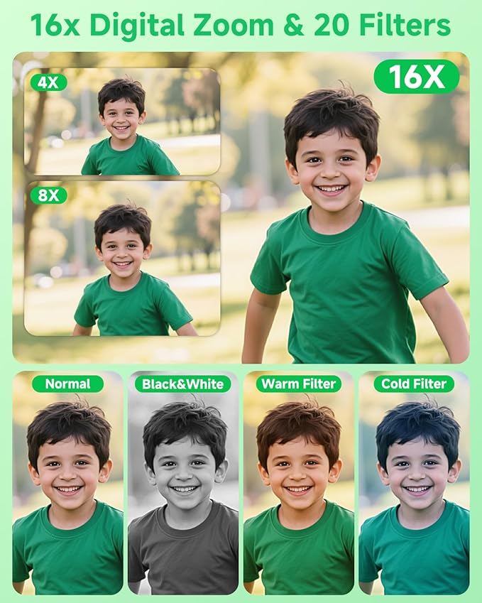 Digital Camera, 44MP FHD 1080P, 16X Zoom, 32GB SD Card, Compact Camera for Kids Teens Adults, Green