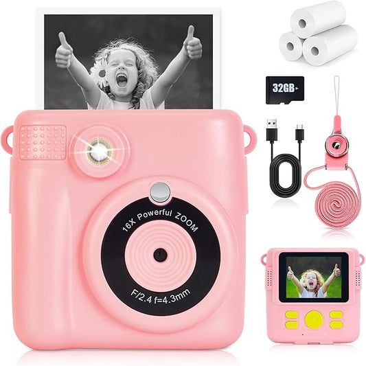 Instant Print Camera for Kids - 2.4 Inch Kids Camera Instant Print with Paper & 32G Card- Digital Children Toys as Christams Birthday Gifts for Girls Boys Age 3-12 - Pink
