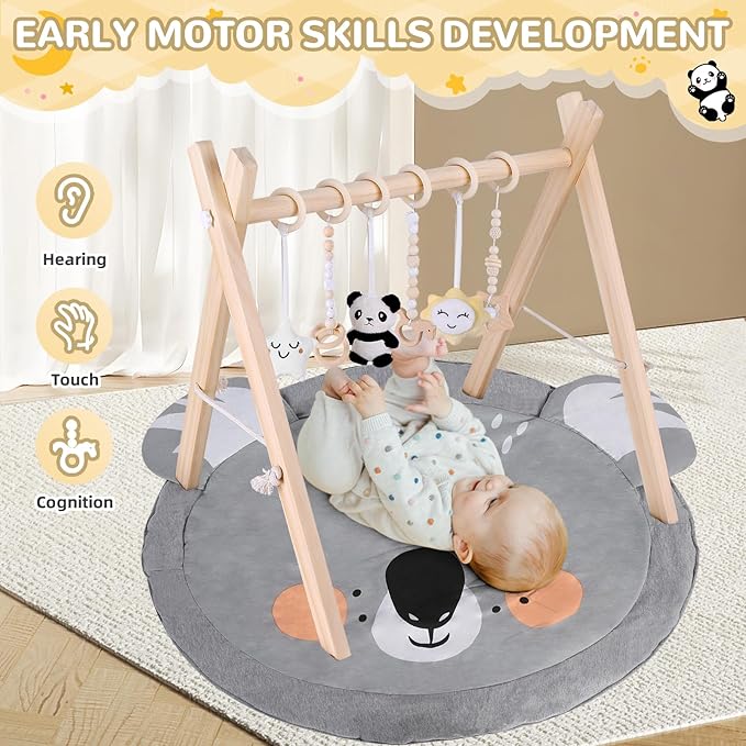 Baby Play Gym with Mat – Wooden Montessori Gym for Newborns 0-12M,Natural Pine Wood with 6 Sensory Toys,Foldable & Portable (Koala)