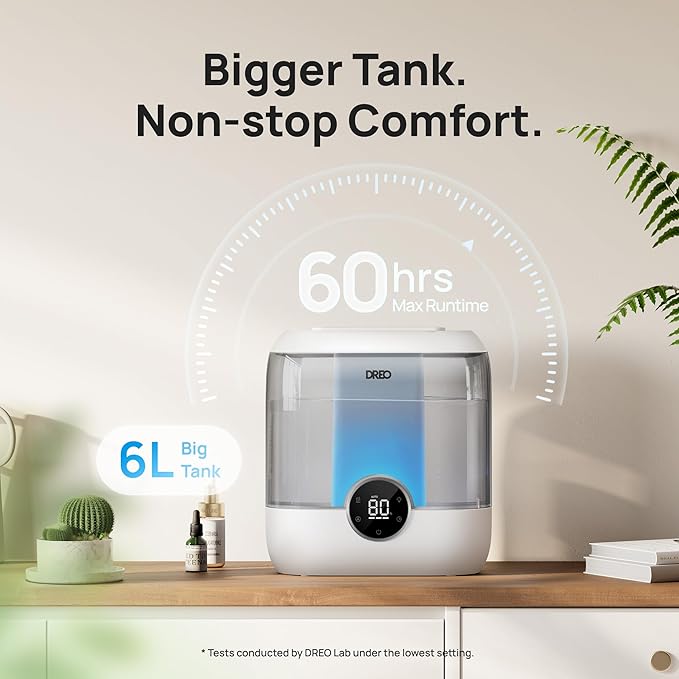 Dreo Smart Humidifiers for Bedroom, 6L Top Fill Supersized Cool Mist Humidifier for Large Room, 60 Hour Runtime, Quiet Ultrasonic Humidifiers for Plants, Baby, Nursery, Indoor, Home, Night Light, Gray